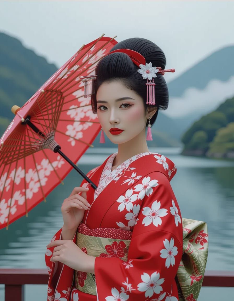 Geisha in Red Kimono with Cherry Blossoms