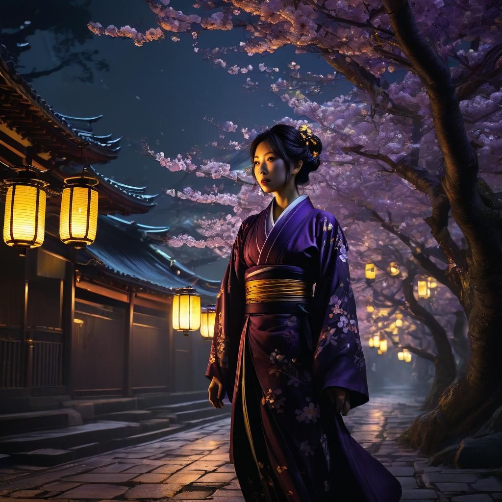 Japanese Woman Under Blossoms: Dark Fantasy Concept Art