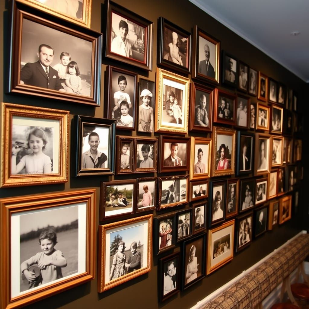 For World Photography Day: A wall of framed photographs telling a family’s history, arranged in a whimsical, collage-lik...