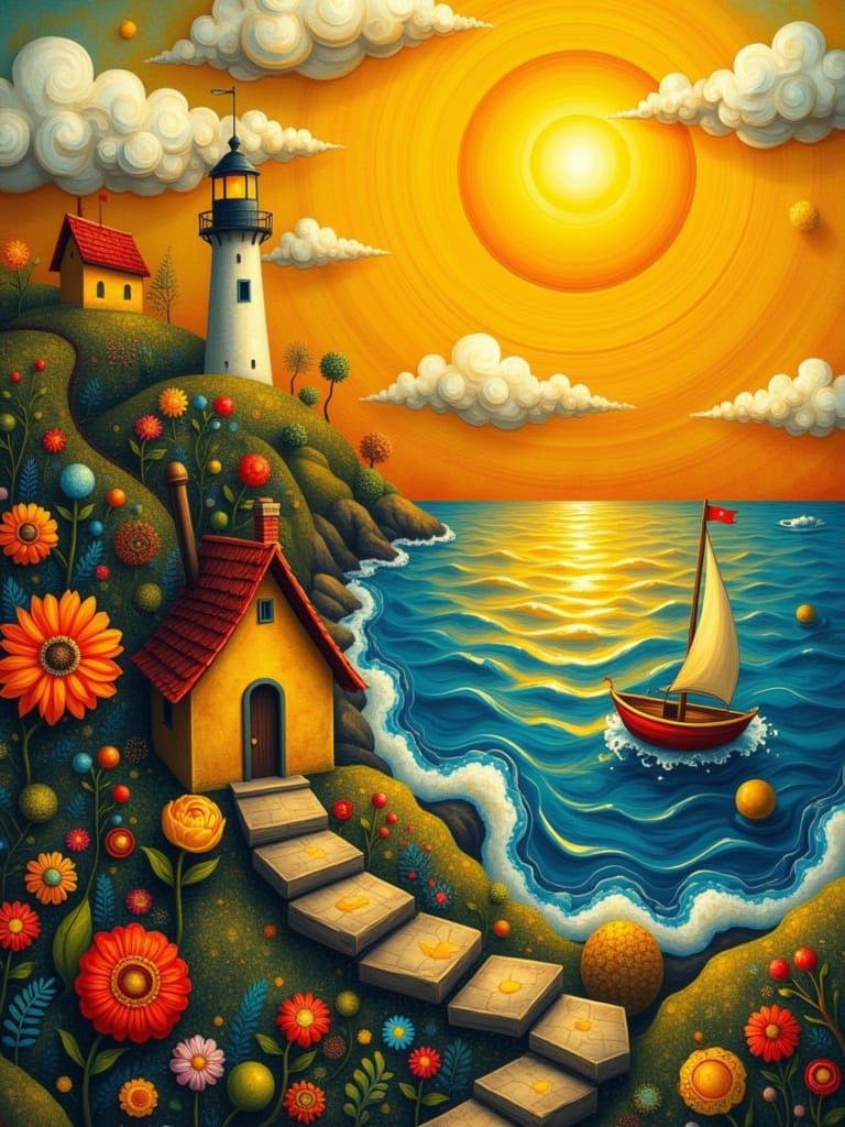 Whimsical Seascape with Lighthouse and Sailboat