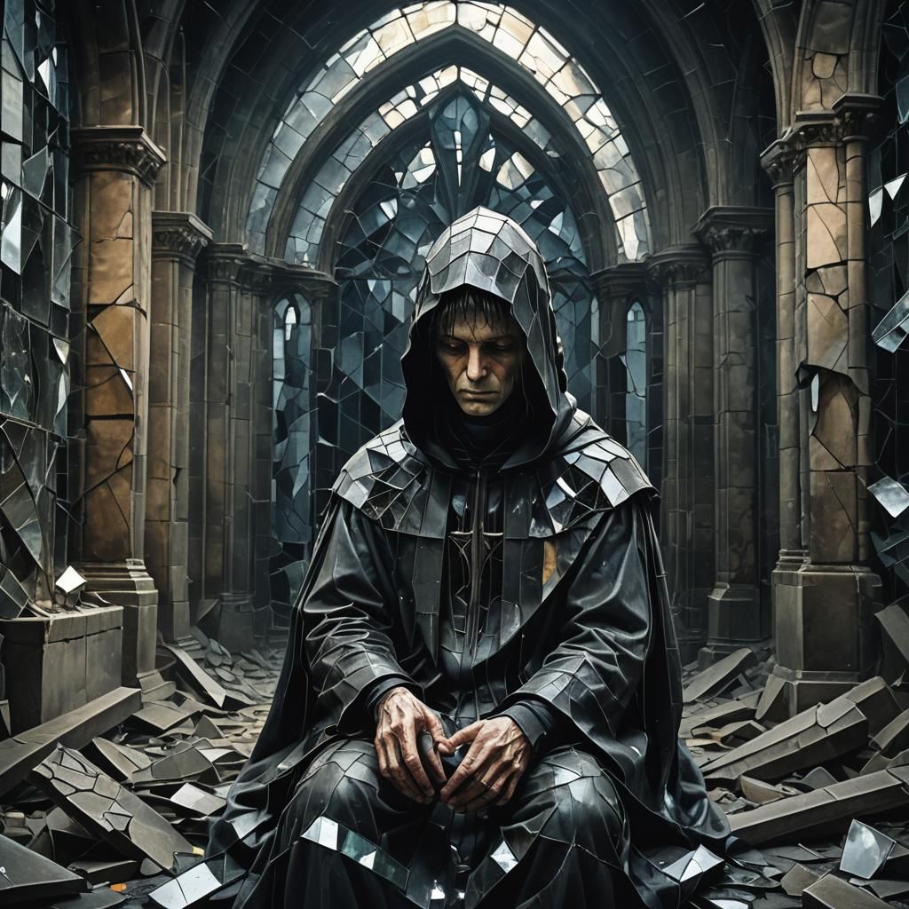 Dark Surrealism: Figure in Ruined Cathedral