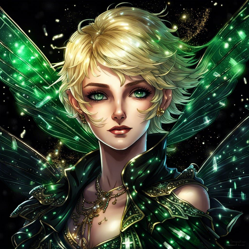 Beautiful Pirate Woman, Short Blonde Hair, Emerald Green Eyes, Transparent Fairy Wings Glittering