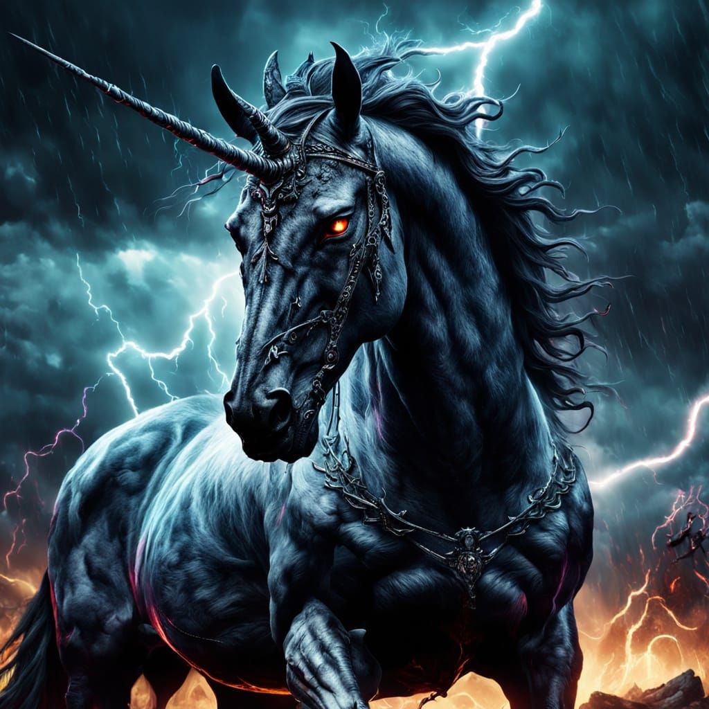Dark Unicorn Surrounded by Spirits in Gothic Style