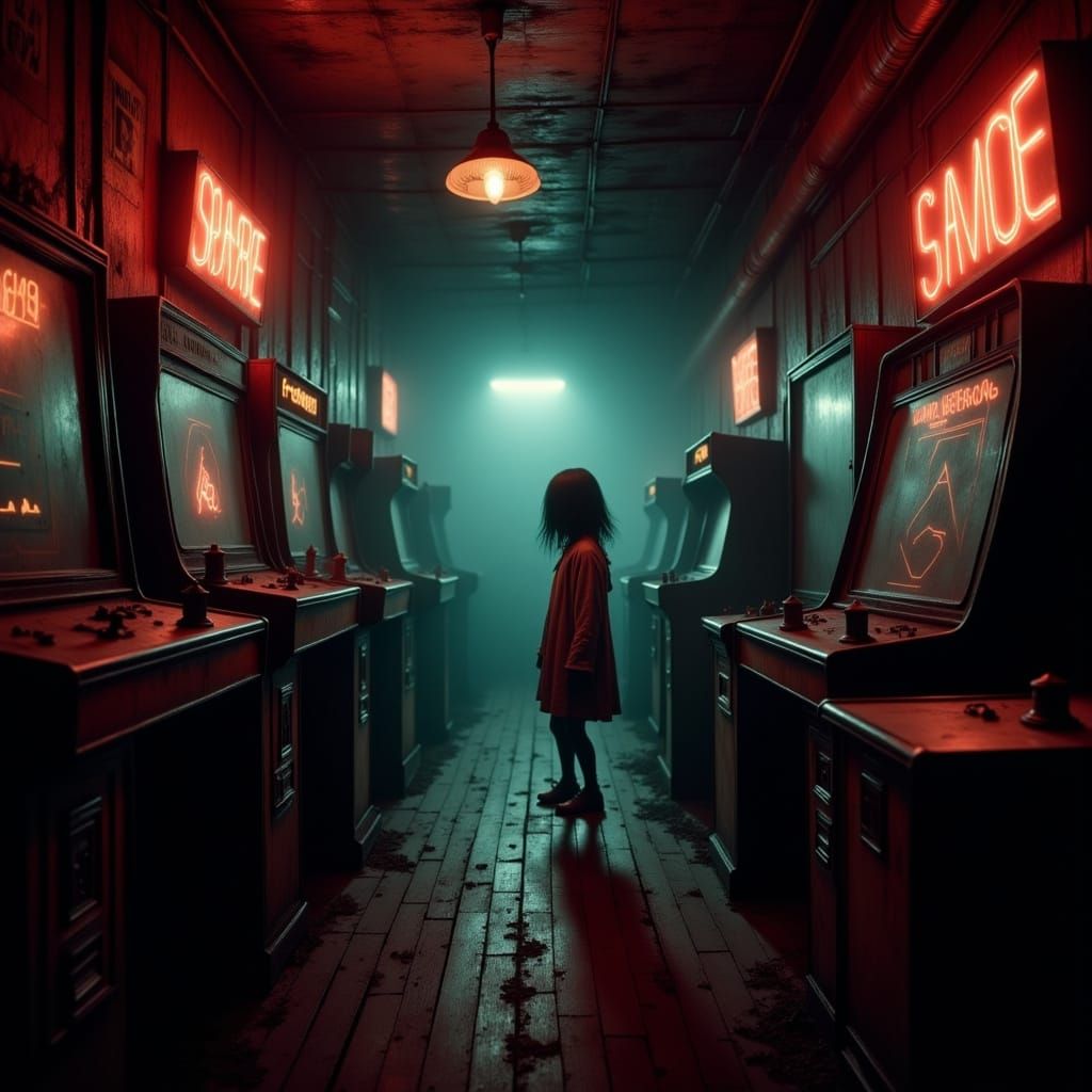Vintage Arcade Hallway with Ethereal Ghost Children