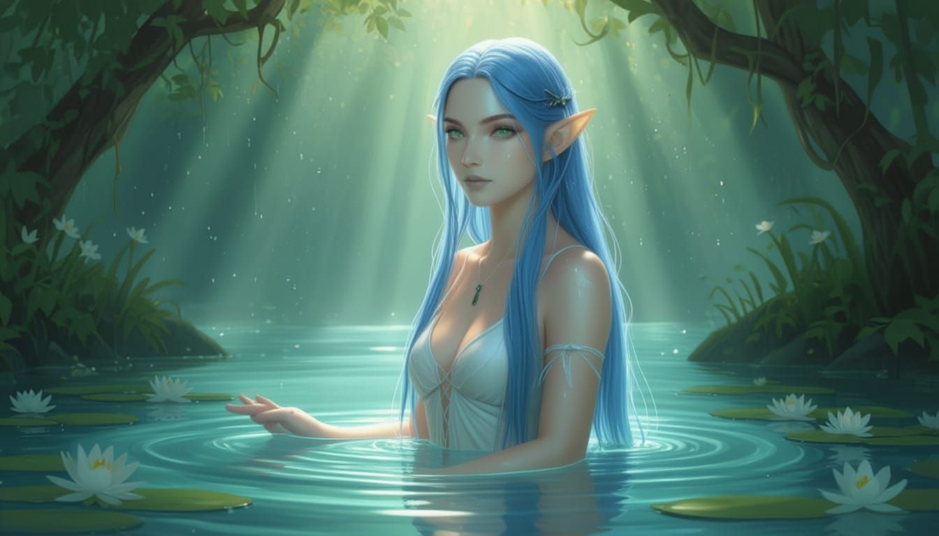 Ethereal Water Nymph Emerges From Sunlit Forest Pool