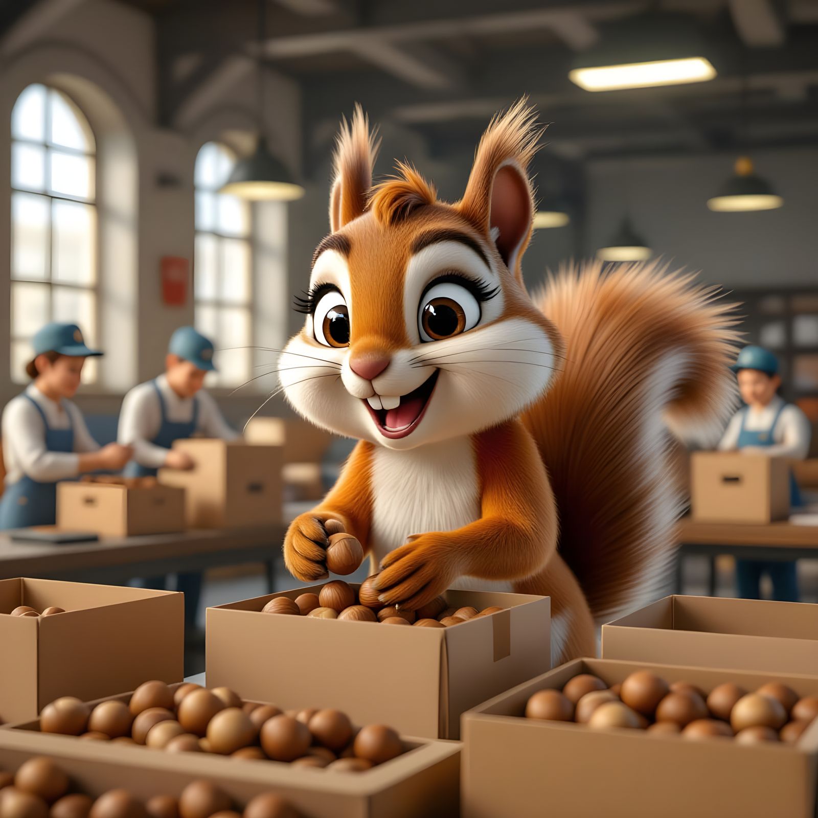 Playful CGI Squirrels in Renaissance-Style Factory