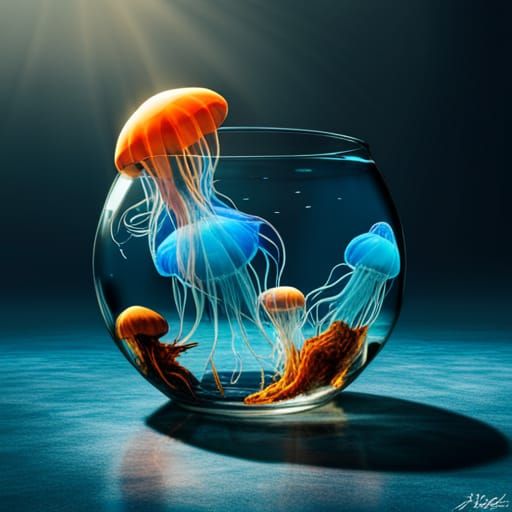 Luminous Jellyfish in Ocean Fishbowl: Graffiti Art