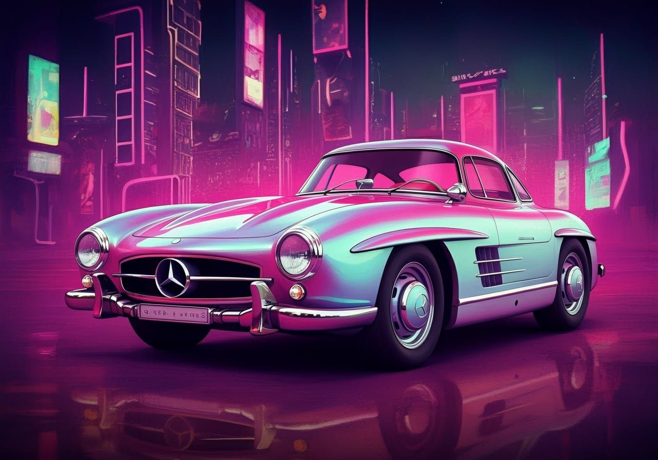 Mercedes 300 SL in Cyberpunk Cityscape