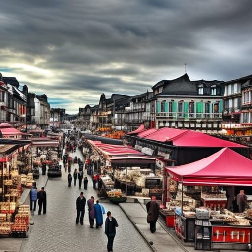 Vintage Town Market Scene: Hyperrealistic 64 Megapixel HDR