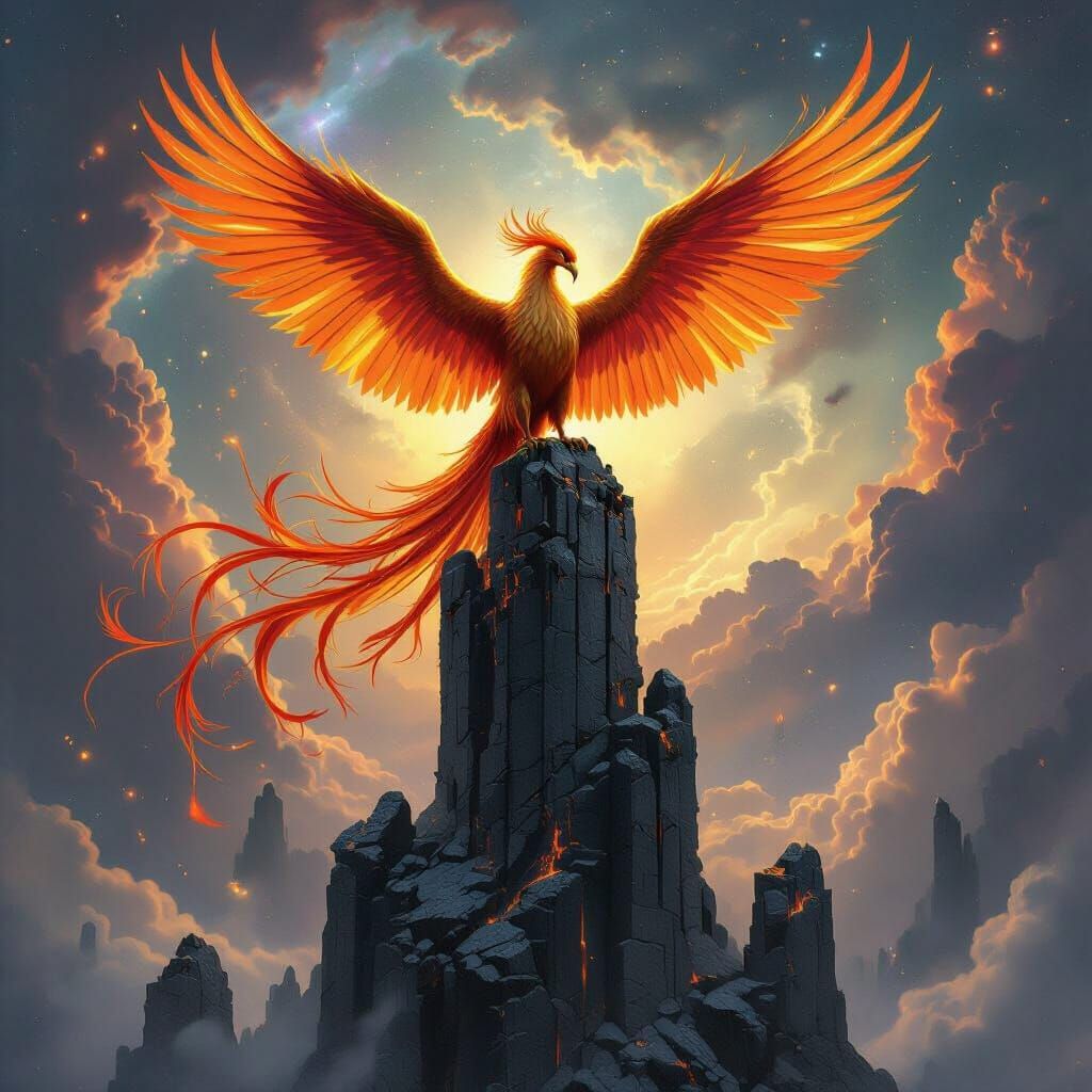 Golden Phoenix on Obsidian Tower in Epic Fantasy Style
