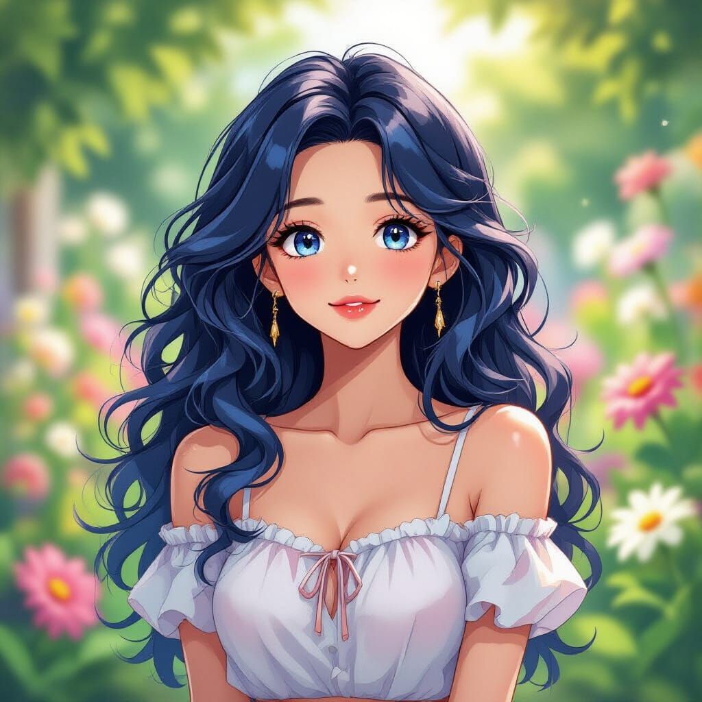 Radiant Anime Woman in Colorful Garden