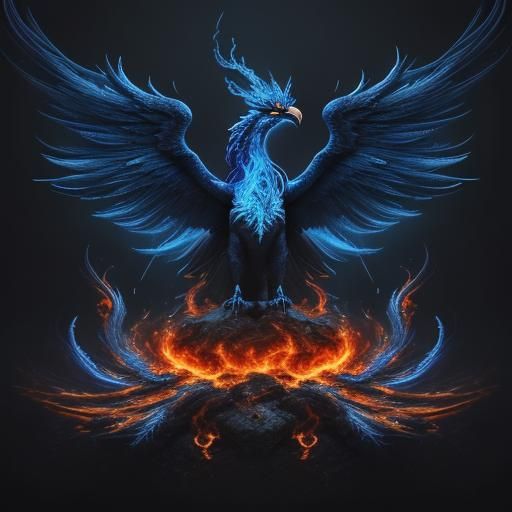 Blue Phoenix Soaring Above Psychedelic Flames