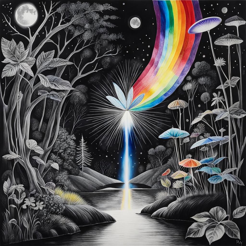 Surreal Child's Drawing: Rayograph with Rainbow Fairy