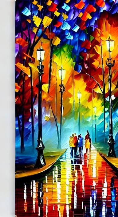 Vibrant Autumn Night in Park: An Impasto Painting