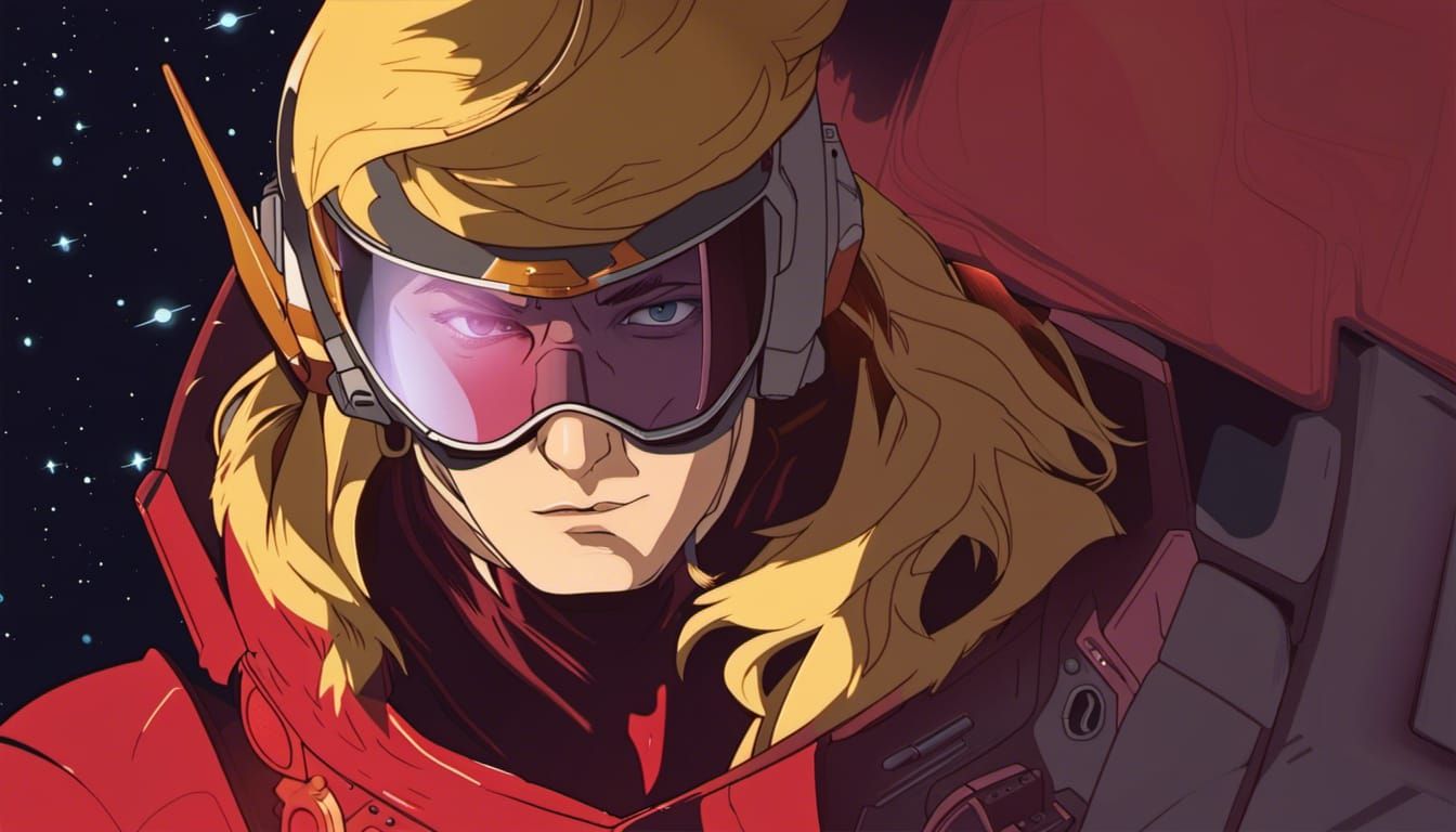 Char Aznable, slim attractive man with shoulder length blonde hair, aviator sunglasses, red space suit, head and torso p...