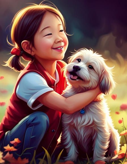 Cute Puppy Licks Laughing Face, Detailed Concept Art