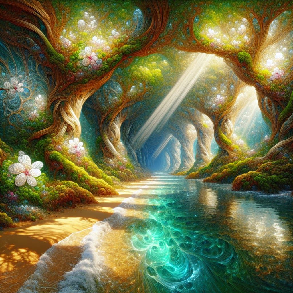 Idyllic Forest Oasis with Tranquil Water and Sandy Beach