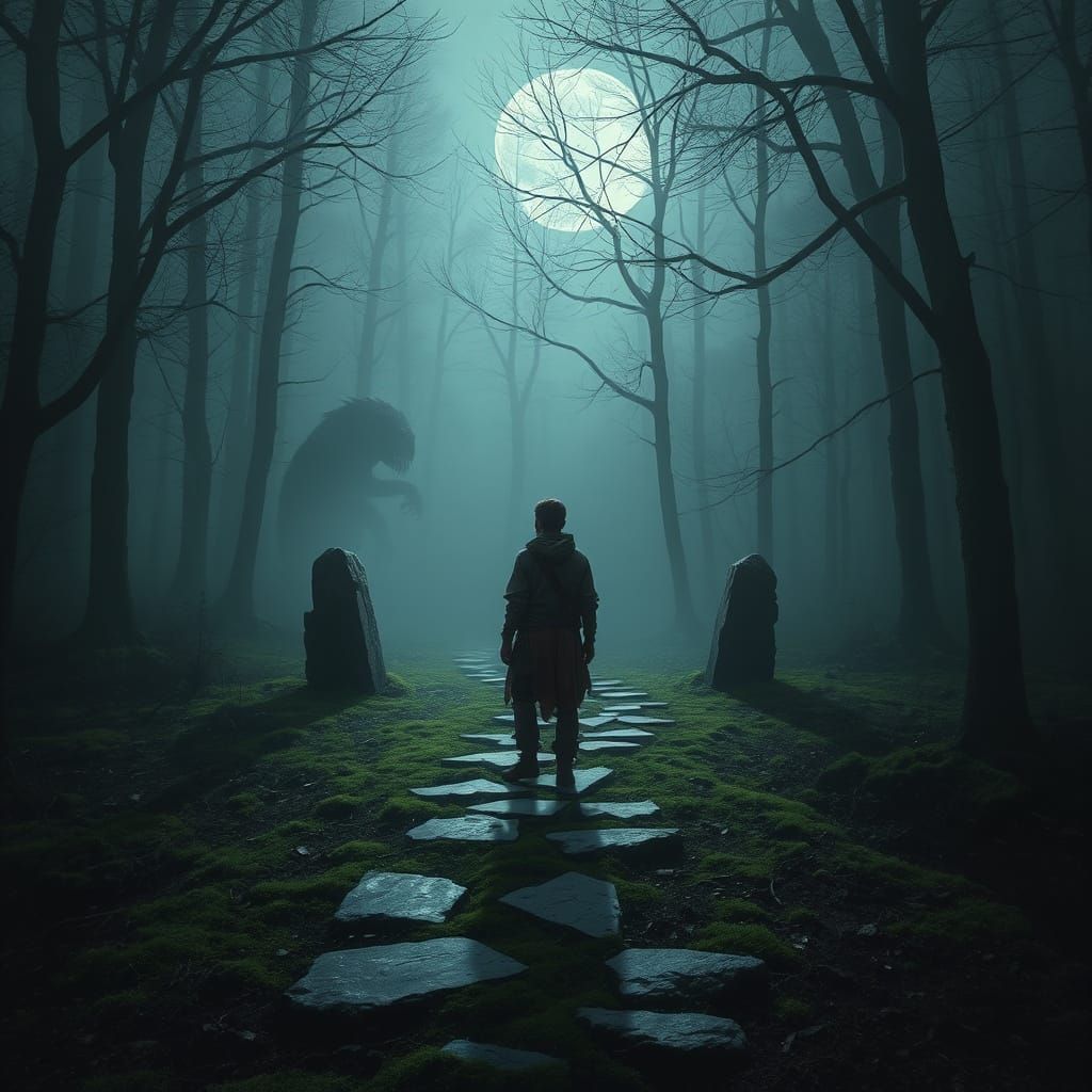 Lone Traveler at a Fog-Shrouded Crossroads