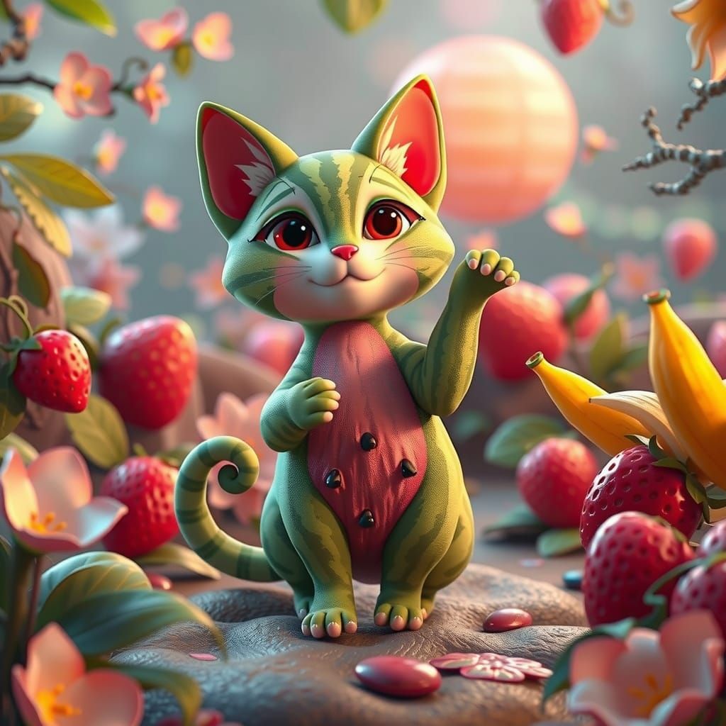 Whimsical Feline Fruit Fantasy in Hyper-Realistic 8K