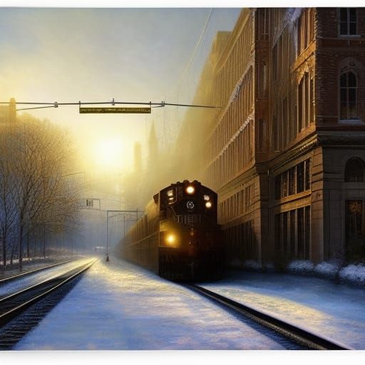 Hyperrealistic Snow City Train at Night