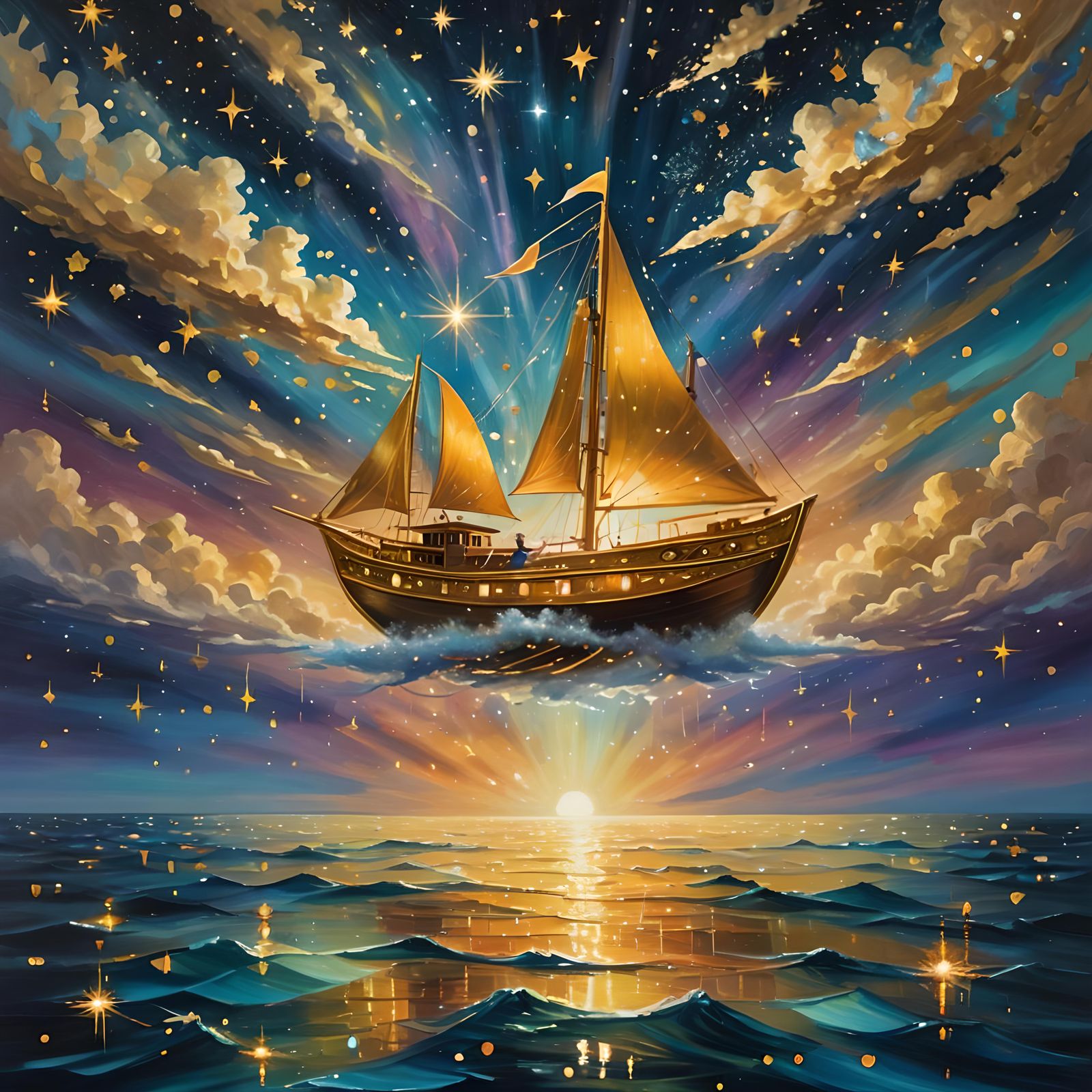 Mystic Boat on Glittery Ocean Under Starry Sky