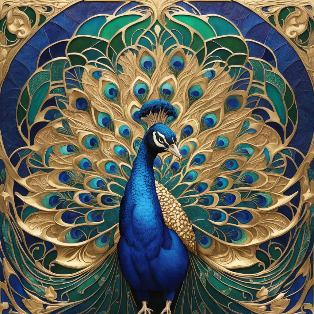 Art Nouveau Peacock with Gold Filigree and Lapis Lazuli