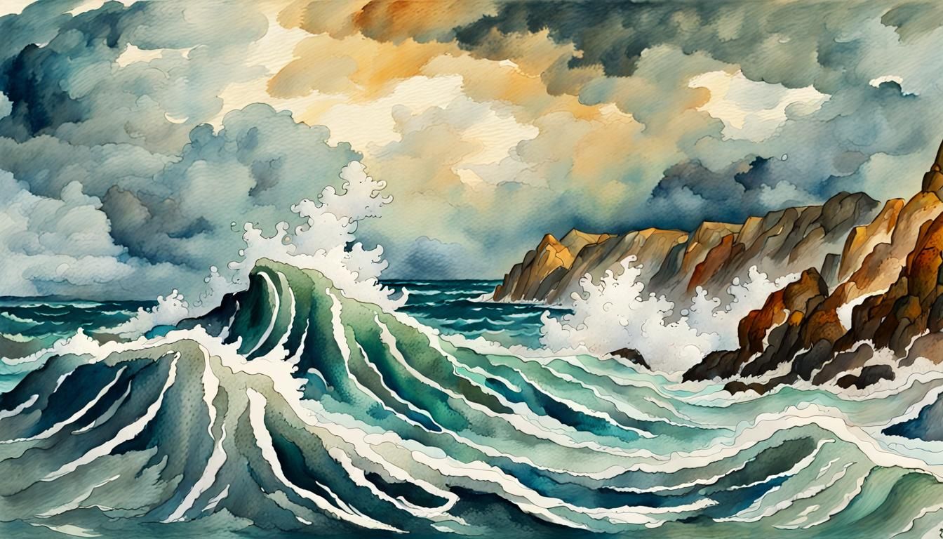 Stormy Sea Ink Drawing in Gouache Style