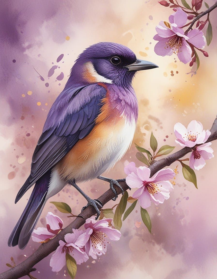 Watercolor Bird on Blossoming Branch in Golden Light