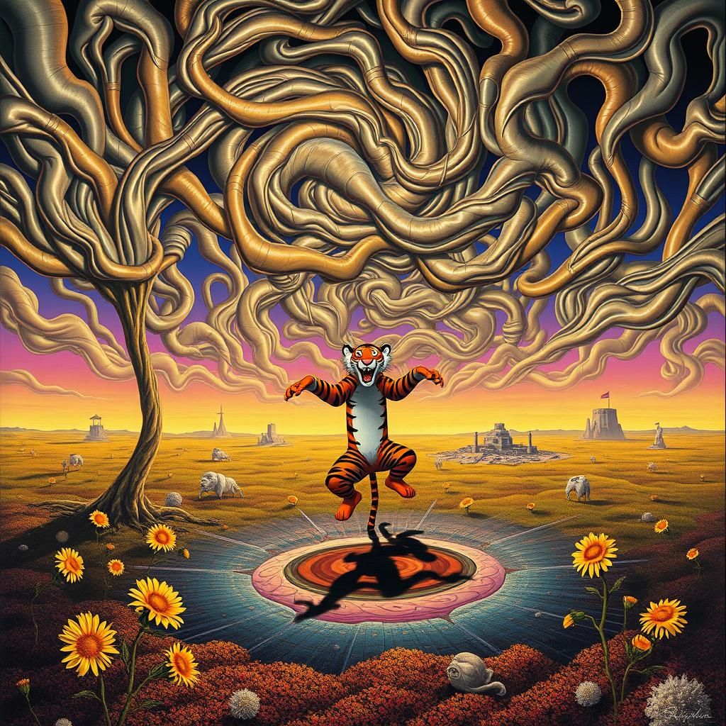 Surreal Landscape with Elastic Flora and Distorted Figure