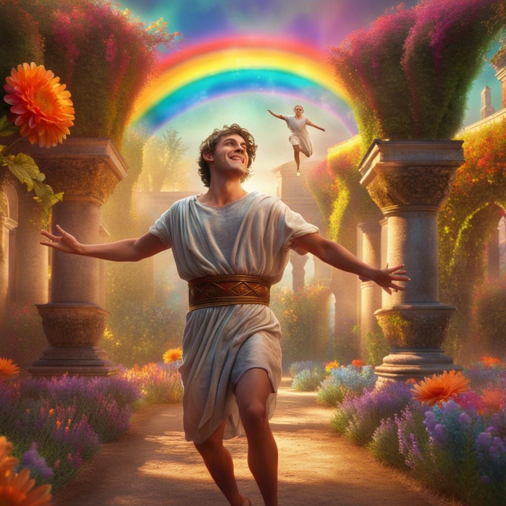Handsome Roman Teen Dances in Rainbow Garden, Impressionist
