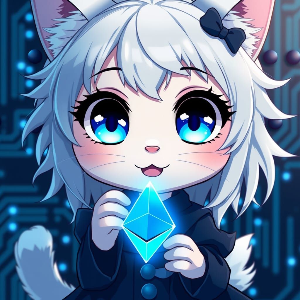 Chibi Anime Catgirl Adorns Ethereum Symbol with Kawaii Spark...