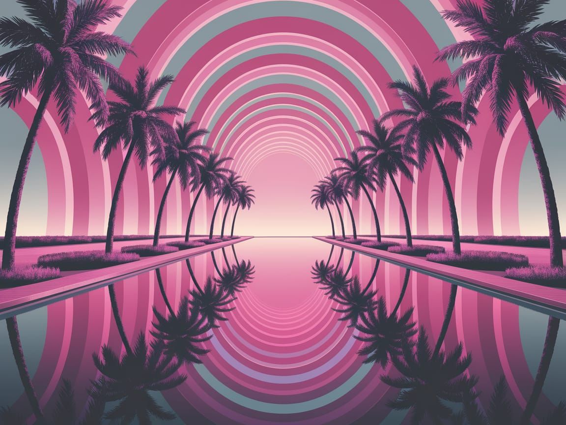 Surreal Liminal Space Reflects Pink Arches and Palm Trees in...
