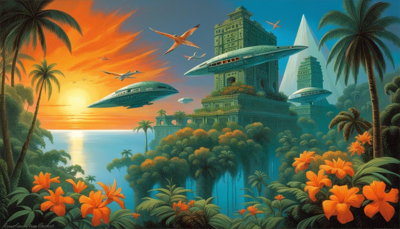 Tropical Mayan Forest with Spaceships and Nebula