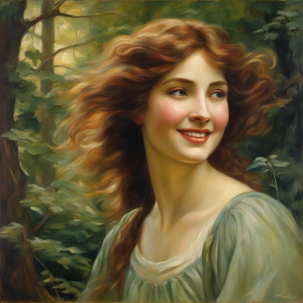 Smiling Woman in Forest: A Pre-Raphaelite Oil Painting
