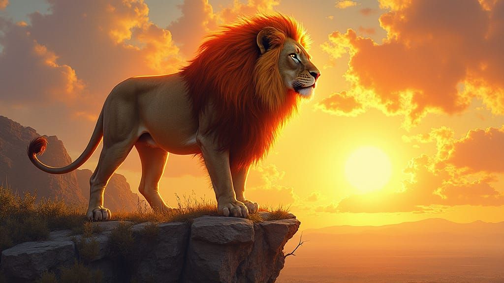 Flaming Lion Overlooks Savannah in Surreal Style
