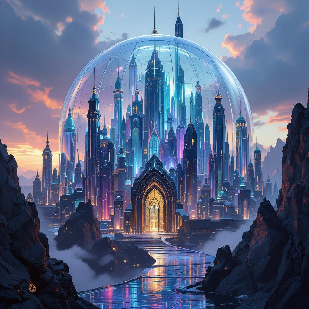 Fantastical Glass City Under Giant Dome