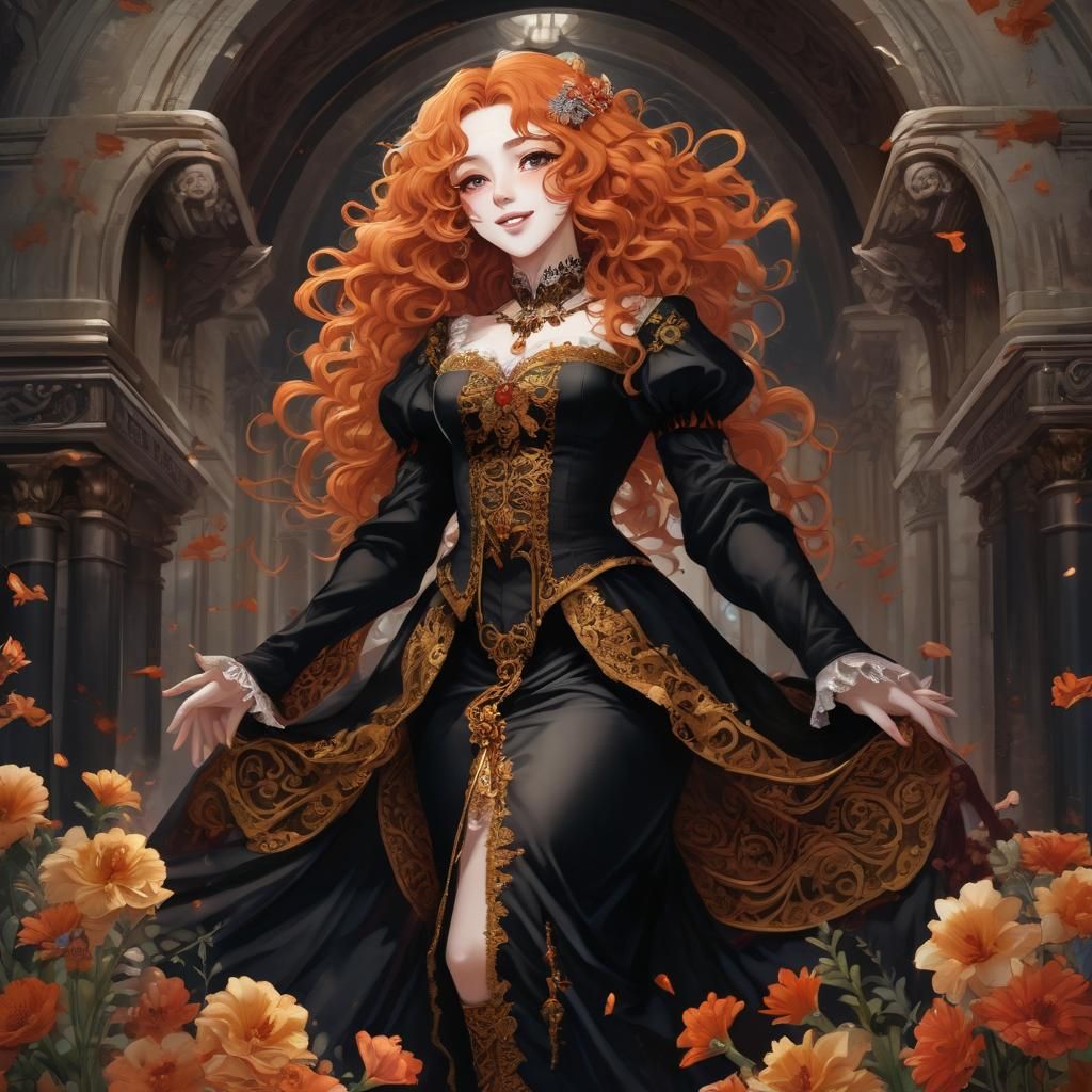 Vampiress with Orange Hair Laughing Above Coffin in Anime St...