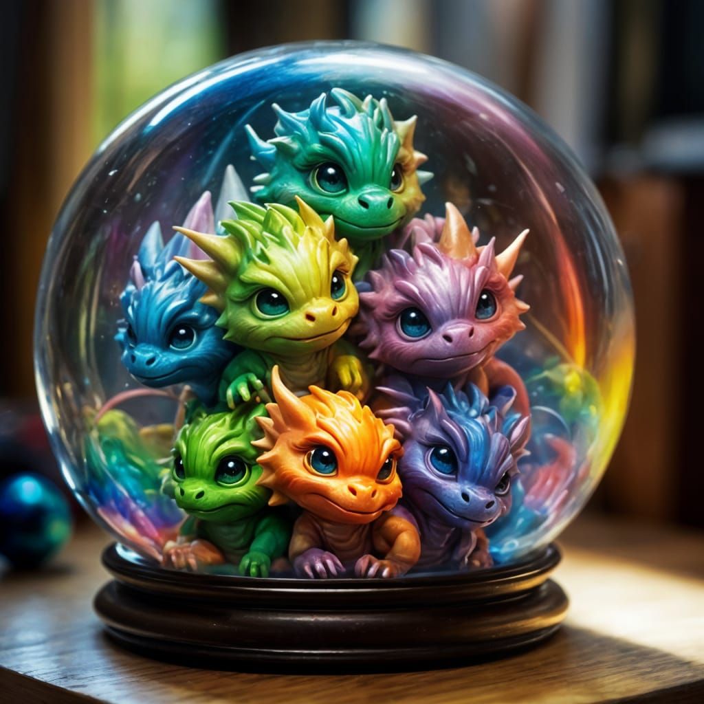 Rainbow Chibi Dragons in Glass Sphere, Dark Fantasy Art