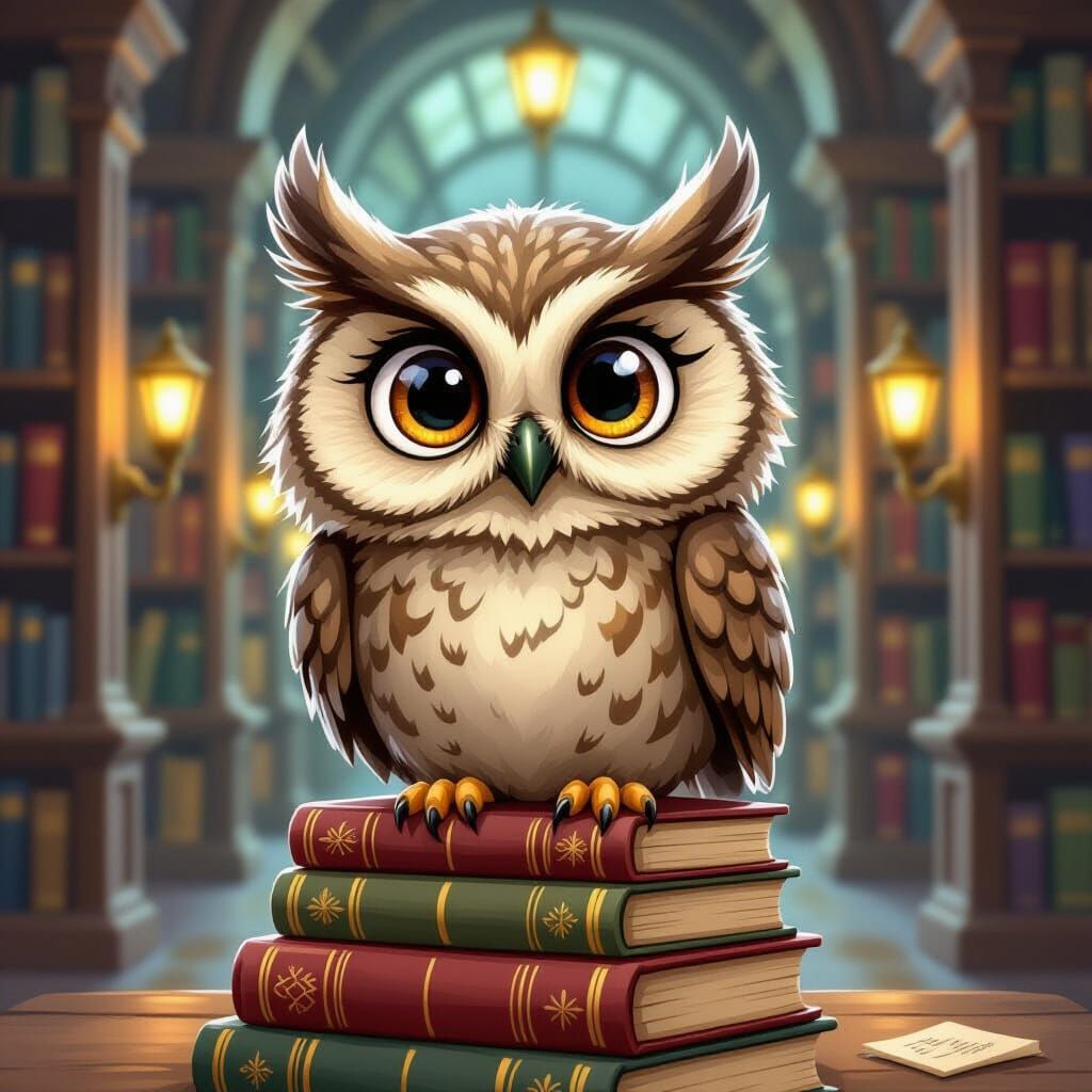 Whimsical Owl Portrait on Stack of Books