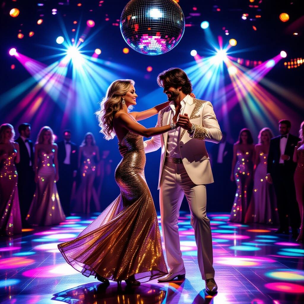 Couple Dancing in Vibrant 1970s Disco