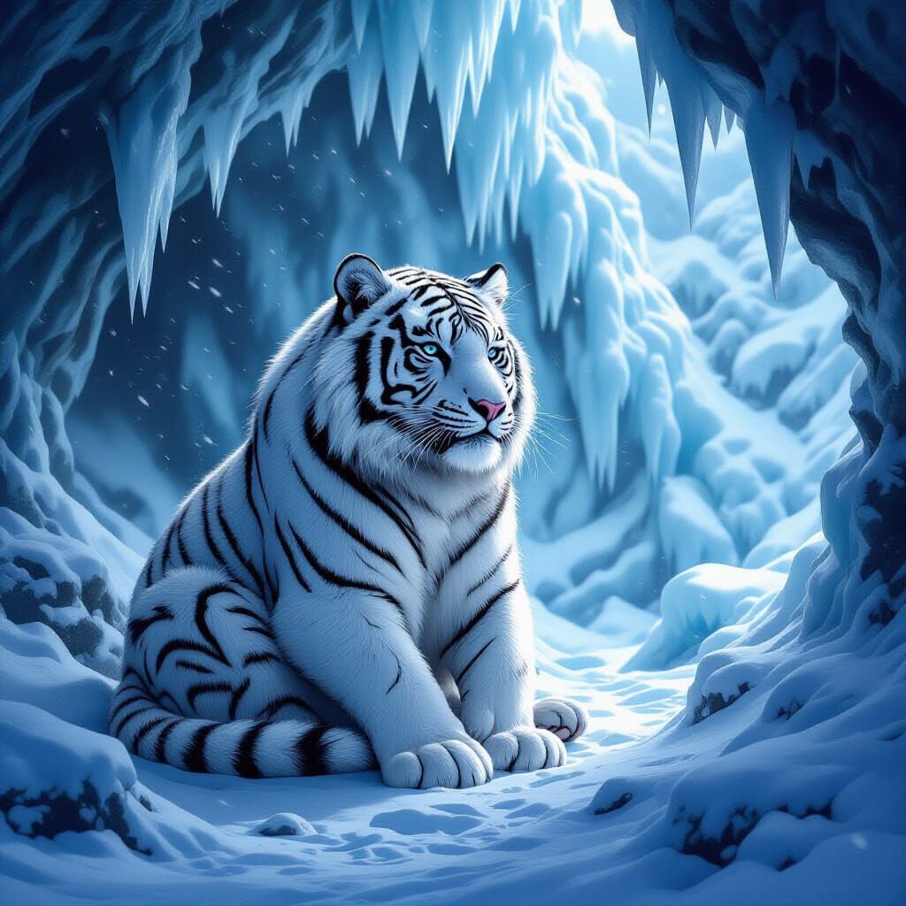 Snow Tiger in Cave During Blizzard, Digital Illustration