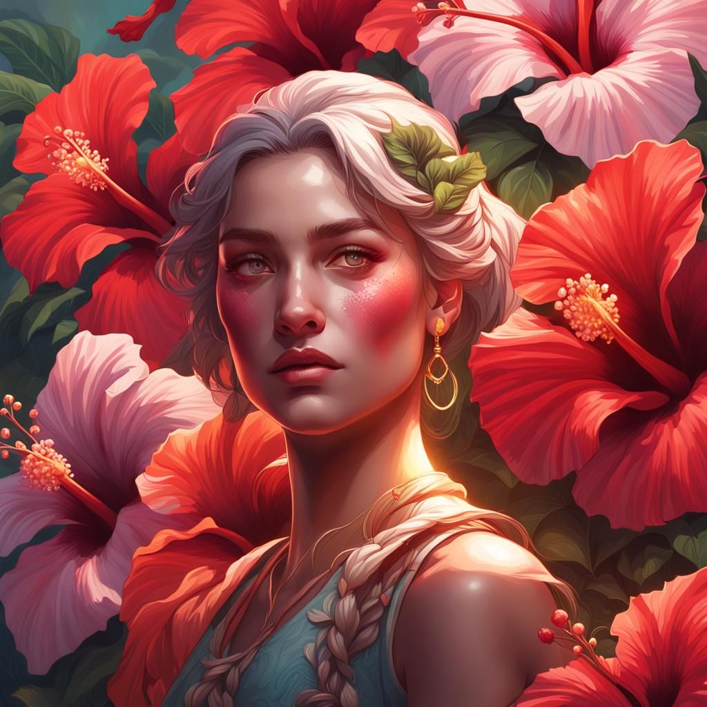 Hibiscus Flower Portrait in Art Nouveau Style