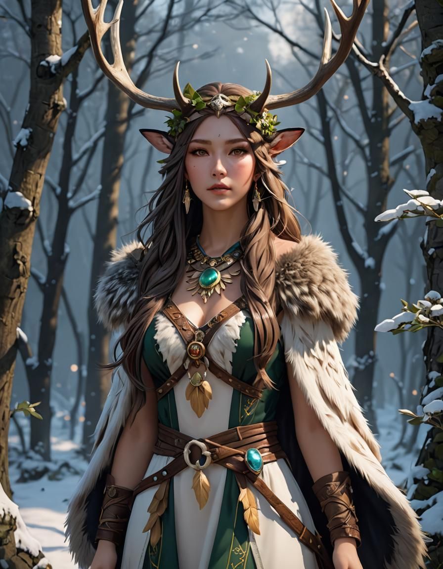 Druid Inspired Dress with Antler Headdress in 3D Anime Art