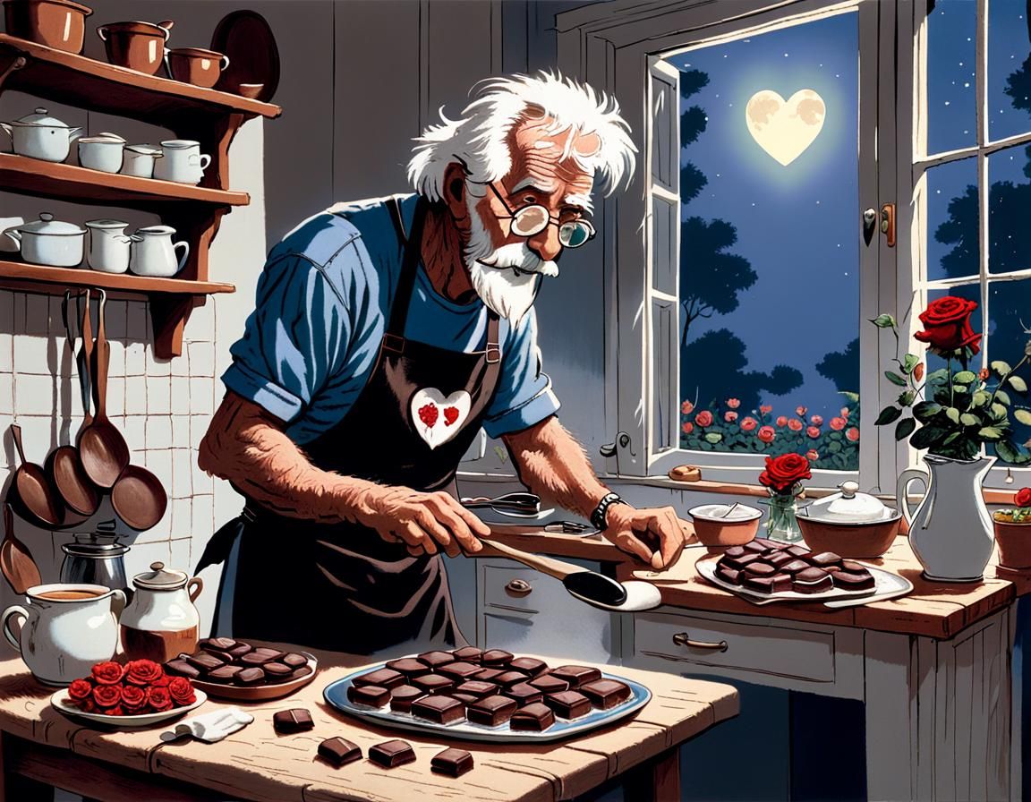 Humorous Old Man Cooking with Chocolates