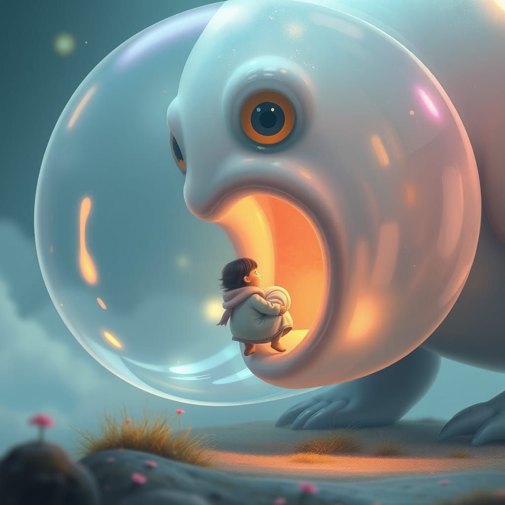 Dreamlike Bubble Monster Exhaling Tiny Human