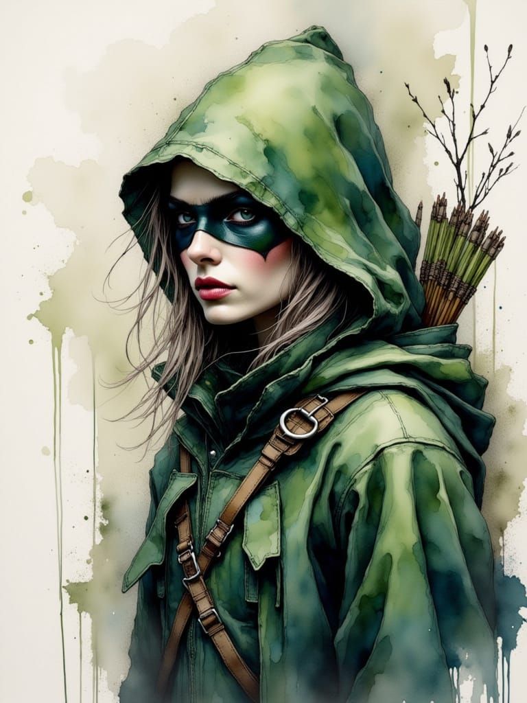 Female Green Arrow Portrait in Watercolour Style