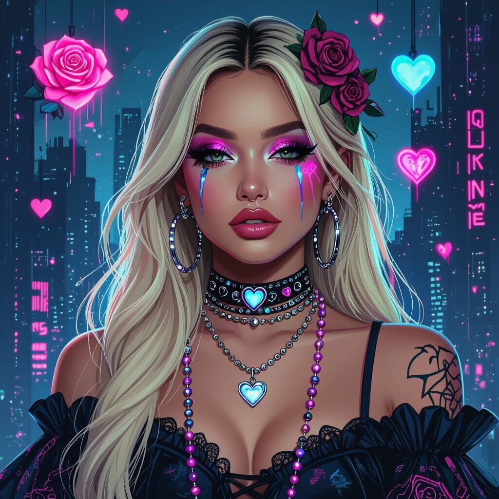 Cyberpunk Payasa Woman in Neon Cityscape