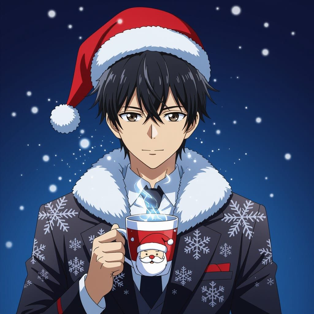 Man in Snow-Patterned Suit with Festive Cup