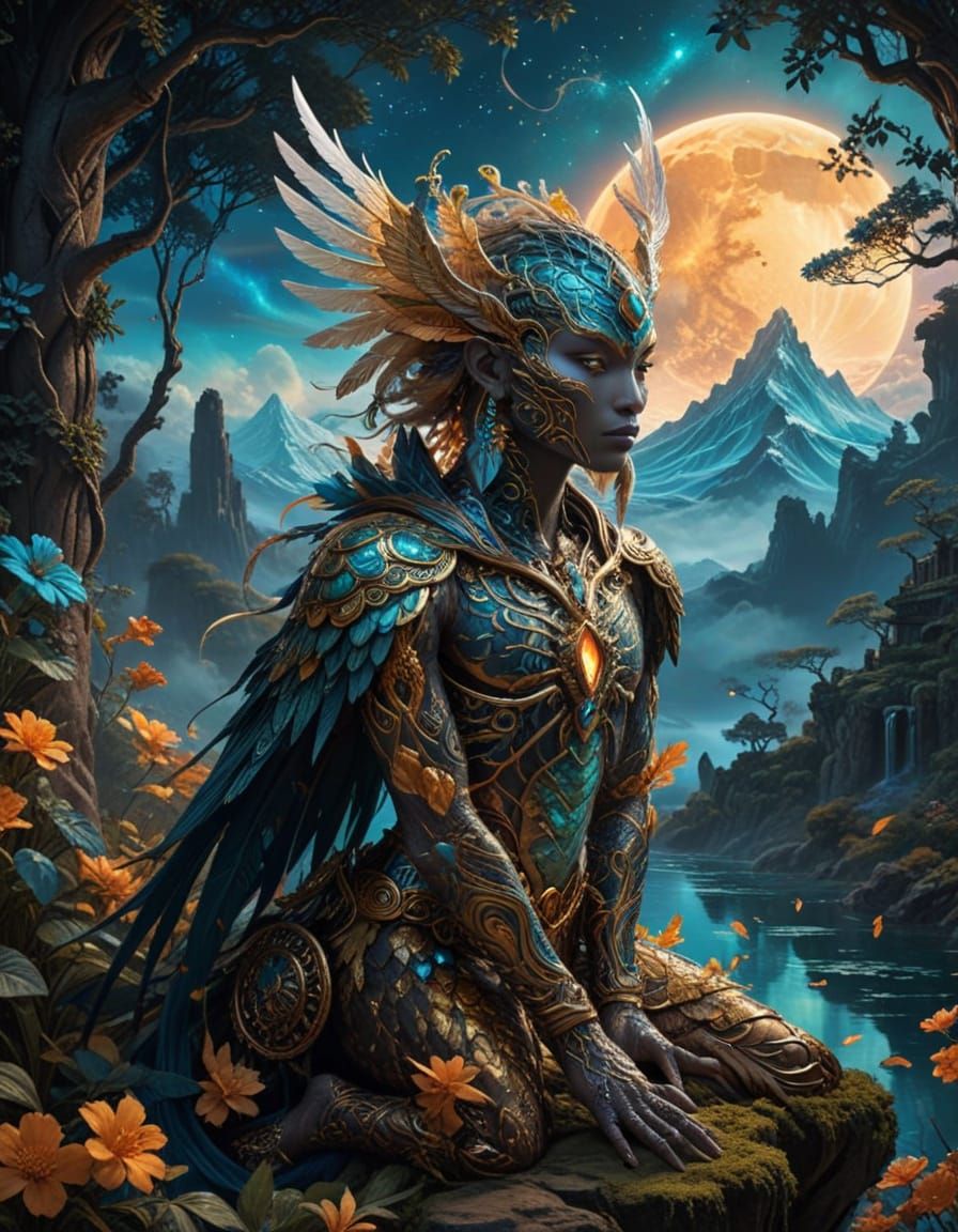 Ethereal Fantasy Hybrid in Golden Pointillism Style