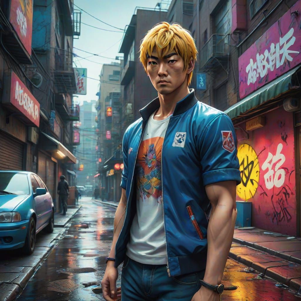 Eikichi Onizuka Heroically Stands in Vibrant Cityscape